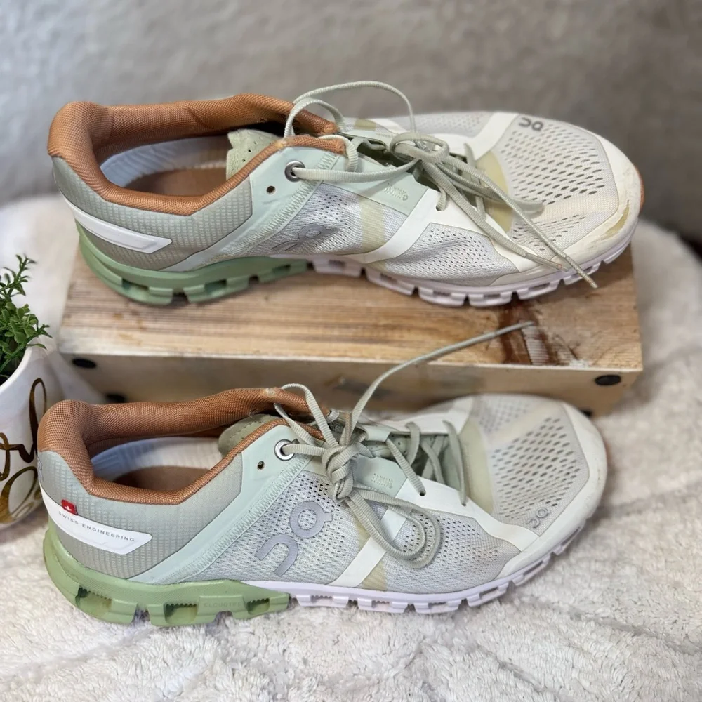 On Running green, White and Tan Sneakers